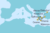 Visitando Atenas (Grecia), Gythion (Grecia), Chania (Creta/Grecia), Mykonos (Grecia), Kusadasi (Efeso/Turquía), Cesme (Turquía), Estambul (Turquía)
