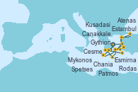 Visitando Atenas (Grecia), Gythion (Grecia), Chania (Creta/Grecia), Mykonos (Grecia), Kusadasi (Efeso/Turquía), Cesme (Turquía), Estambul (Turquía), Canakkale (Turquía), Esmirna (Turquía), Patmos (Grecia), Rodas (Grecia), Spetses (Grecia), Atenas (Grecia)