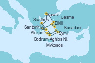 Visitando Atenas (Grecia), Scíathos (Grecia), Kavala (Grecia), Dikili (Turquía), Bodrum (Turquia), Santorini (Grecia), Atenas (Grecia), Mykonos (Grecia), Aghios Nikolaos (Grecia), Symi (Grecia), Kusadasi (Efeso/Turquía), Cesme (Turquía), Atenas (Grecia)