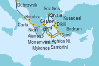 Visitando Atenas (Grecia), Scíathos (Grecia), Kavala (Grecia), Dikili (Turquía), Bodrum (Turquia), Santorini (Grecia), Atenas (Grecia), Mykonos (Grecia), Aghios Nikolaos (Grecia), Symi (Grecia), Kusadasi (Efeso/Turquía), Cesme (Turquía), Atenas (Grecia), Monemvasia (Grecia), Itea (Grecia), Nidrí (Grecia), Corfú (Grecia), Brindisi (Italia), Dubrovnik (Croacia)