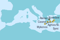 Visitando Atenas (Grecia), Mykonos (Grecia), Aghios Nikolaos (Grecia), Symi (Grecia), Kusadasi (Efeso/Turquía), Cesme (Turquía), Atenas (Grecia)
