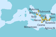 Visitando Atenas (Grecia), Mykonos (Grecia), Aghios Nikolaos (Grecia), Symi (Grecia), Kusadasi (Efeso/Turquía), Cesme (Turquía), Atenas (Grecia), Monemvasia (Grecia), Itea (Grecia), Nidrí (Grecia), Corfú (Grecia), Brindisi (Italia), Dubrovnik (Croacia)