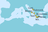Visitando Atenas (Grecia), Monemvasia (Grecia), Itea (Grecia), Nidrí (Grecia), Corfú (Grecia), Brindisi (Italia), Dubrovnik (Croacia)
