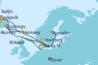 Visitando Dover (Inglaterra), Isla de Mann (Reino Unido), Tobermory (Escocia), Djupivogur (Islandia), Heimaey (Islas Westmann/Islandia), Reykjavik (Islandia), Ísafjörður (Islandia), Akureyri (Islandia), Vopnafjorour (Islandia), Kirkwall (Escocia), Dover (Inglaterra)