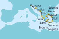 Visitando Venecia (Italia), Vodice (Croacia), Kotor (Montenegro), Corfú (Grecia), Sami (Cefalonia/Grecia), Nafplion (Grecia), Atenas (Grecia), Scíathos (Grecia), Kavala (Grecia), Dikili (Turquía), Bodrum (Turquia), Santorini (Grecia), Atenas (Grecia)