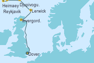 Visitando Dover (Inglaterra), Invergordon (Escocia), Lerwick (Escocia), Djupivogur (Islandia), Heimaey (Islas Westmann/Islandia), Reykjavik (Islandia)