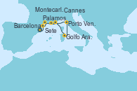 Visitando Barcelona, Palamos (Gerona/España), Sete (Francia), Cannes (Francia), Golfo Aranci (Cerdeña), Porto Venere (Italia), Montecarlo (Mónaco)