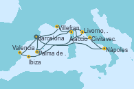 Visitando Barcelona, Villefranche (Niza/Mónaco/Francia), Livorno, Pisa y Florencia (Italia), Ibiza (España), Valencia, Barcelona, Nápoles (Italia), Civitavecchia (Roma), Ajaccio (Córcega), Palma de Mallorca (España), Barcelona