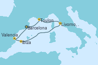 Visitando Barcelona, Toulon (Francia), Livorno, Pisa y Florencia (Italia), Ibiza (España), Valencia, Barcelona