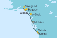 Visitando Seattle (Washington/EEUU), Ketchikan (Alaska), Icy Strait Point (Alaska), Skagway (Alaska), Navegación por Glaciar Hubbard (Alaska), Juneau (Alaska), Victoria (Canadá), Seattle (Washington/EEUU)