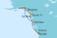 Visitando Seattle (Washington/EEUU), Ketchikan (Alaska), Juneau (Alaska), Skagway (Alaska), Icy Strait Point (Alaska), Fiordo Tracy Arm (Alaska), Victoria (Canadá), Seattle (Washington/EEUU)