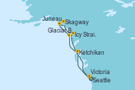 Visitando Seattle (Washington/EEUU), Ketchikan (Alaska), Glaciar Bay (Alaska), Juneau (Alaska), Skagway (Alaska), Icy Strait Point (Alaska), Victoria (Canadá), Seattle (Washington/EEUU)