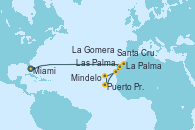 Visitando Miami (Florida/EEUU), La Palma (Islas Canarias/España), Las Palmas de Gran Canaria (España), La Palma (Islas Canarias/España), Puerto Praia (Cabo Verde), Mindelo (Cabo Verde), Santa Cruz de Tenerife (España), La Gomera (Islas Canarias/España), Las Palmas de Gran Canaria (España)