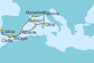 Visitando Génova (Italia), Marsella (Francia), Málaga, Cádiz (España), Lisboa (Portugal), Alicante (España), Mahón (Menorca/España), Olbia (Cerdeña), Génova (Italia)