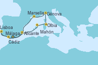 Visitando Málaga, Cádiz (España), Lisboa (Portugal), Alicante (España), Mahón (Menorca/España), Olbia (Cerdeña), Génova (Italia), Marsella (Francia), Málaga