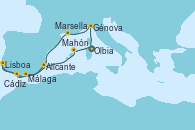Visitando Olbia (Cerdeña), Génova (Italia), Marsella (Francia), Málaga, Cádiz (España), Lisboa (Portugal), Alicante (España), Mahón (Menorca/España), Olbia (Cerdeña)