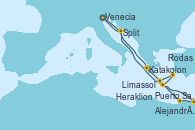 Visitando Venecia (Italia), Katakolon (Olimpia/Grecia), Heraklion (Creta), Rodas (Grecia), Limassol (Chipre), Puerto Said (Egipto), Alejandría (Egipto), Split (Croacia), Venecia (Italia)