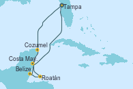 Visitando Tampa (Florida), Cozumel (México), Belize (Caribe), Roatán (Honduras), Costa Maya (México), Tampa (Florida)