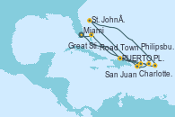 Visitando Miami (Florida/EEUU), Puerto Plata, Republica Dominicana, Charlotte Amalie (St. Thomas), Road Town (Isla Tórtola/Islas Vírgenes), St. John´s (Antigua y Barbuda), Philipsburg (St. Maarten), San Juan (Puerto Rico), Great Stirrup Cay (Bahamas), Miami (Florida/EEUU)