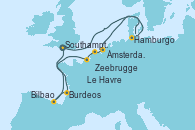 Visitando Southampton (Inglaterra), Hamburgo (Alemania), Hamburgo (Alemania), Ámsterdam (Holanda), Zeebrugge (Bruselas), Le Havre (Francia), Burdeos (Francia), Bilbao (España), Southampton (Inglaterra)