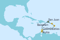 Visitando San Juan (Puerto Rico), Aruba (Antillas), Colón, Castries (Santa Lucía/Caribe), Basseterre (Antillas), San Juan (Puerto Rico)