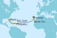 Visitando Funchal (Madeira), Santa Cruz de Tenerife (España), Philipsburg (St. Maarten), San Juan (Puerto Rico), Miami (Florida/EEUU)