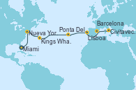 Visitando Miami (Florida/EEUU), Nueva York (Estados Unidos), Nueva York (Estados Unidos), Kings Wharf (Bermudas), Kings Wharf (Bermudas), Ponta Delgada (Azores), Lisboa (Portugal), Lisboa (Portugal), Barcelona, Civitavecchia (Roma)