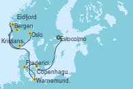 Visitando Estocolmo (Suecia), Copenhague (Dinamarca), Fredericia (Dinamarca), Warnemunde (Alemania), Bergen (Noruega), Eidfjord (Hardangerfjord/Noruega), Kristiansand (Noruega), Oslo (Noruega)