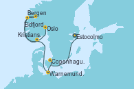 Visitando Estocolmo (Suecia), Copenhague (Dinamarca), Warnemunde (Alemania), Bergen (Noruega), Eidfjord (Hardangerfjord/Noruega), Kristiansand (Noruega), Oslo (Noruega)