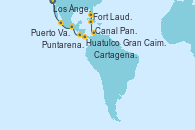 Visitando Los Ángeles (California), Puerto Vallarta (México), Huatulco (México), Puntarenas (Costa Rica), Canal Panamá, Cartagena de Indias (Colombia), Gran Caimán (Islas Caimán), Fort Lauderdale (Florida/EEUU)