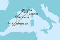 Visitando Barcelona, Marsella (Francia), Cannes (Francia), Palma de Mallorca (España), Palma de Mallorca (España), Ibiza (España), Ibiza (España), Barcelona