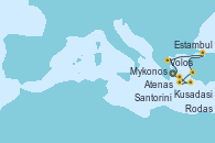 Visitando Atenas (Grecia), Volos (Grecia), Estambul (Turquía), Estambul (Turquía), Kusadasi (Efeso/Turquía), Santorini (Grecia), Rodas (Grecia), Mykonos (Grecia), Atenas (Grecia)