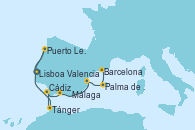 Visitando Lisboa (Portugal), Puerto Leixões (Portugal), Tánger (Marruecos), Cádiz (España), Málaga, Valencia, Palma de Mallorca (España), Barcelona