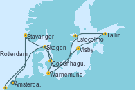 Visitando Ámsterdam (Holanda), Stavanger (Noruega), Skagen (Dinamarca), Warnemunde (Alemania), Visby (Suecia), Tallin (Estonia), Estocolmo (Suecia), Copenhague (Dinamarca), Copenhague (Dinamarca), Rotterdam (Holanda)