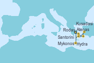 Visitando Atenas (Grecia), Santorini (Grecia), Kusadasi (Efeso/Turquía), Rodas (Grecia), Mykonos (Grecia), Hydra (Grecia), Atenas (Grecia)