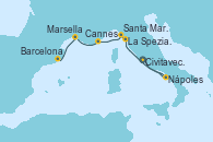 Visitando Civitavecchia (Roma), Nápoles (Italia), La Spezia, Florencia y Pisa (Italia), La Spezia, Florencia y Pisa (Italia), Santa Margarita (Italia), Cannes (Francia), Marsella (Francia), Barcelona