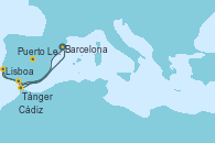 Visitando Barcelona, Cádiz (España), Lisboa (Portugal), Lisboa (Portugal), Puerto Leixões (Portugal), Tánger (Marruecos), Barcelona