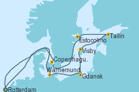 Visitando Rotterdam (Holanda), Warnemunde (Alemania), Gdansk (Polonia), Visby (Suecia), Tallin (Estonia), Estocolmo (Suecia), Copenhague (Dinamarca), Copenhague (Dinamarca), Rotterdam (Holanda)