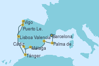 Visitando Barcelona, Palma de Mallorca (España), Valencia, Málaga, Cádiz (España), Tánger (Marruecos), Vigo (España), Puerto Leixões (Portugal), Lisboa (Portugal)