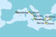Visitando Barcelona, Civitavecchia (Roma), Nápoles (Italia), Messina (Sicilia), Kusadasi (Efeso/Turquía), Chania (Creta/Grecia), Atenas (Grecia)