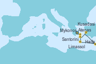Visitando Atenas (Grecia), Santorini (Grecia), Kusadasi (Efeso/Turquía), Haifa (Israel), Limassol (Chipre), Mykonos (Grecia), Mykonos (Grecia), Atenas (Grecia)