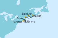 Visitando Baltimore (Maryland), Boston (Massachusetts), Portland (Maine/Estados Unidos), Saint John (New Brunswick/Canadá), Saint John (New Brunswick/Canadá), Halifax (Canadá), Baltimore (Maryland)