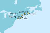 Visitando Nueva York (Estados Unidos), Boston (Massachusetts), Portland (Maine/Estados Unidos), Saint John (New Brunswick/Canadá), Saint John (New Brunswick/Canadá), Halifax (Canadá), Nueva York (Estados Unidos)
