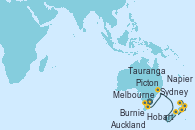 Visitando Melbourne (Australia), Burnie (Tasmania/Australia), Hobart (Australia), Hobart (Australia), Sydney (Australia), Sydney (Australia), Picton (Australia), Napier (Nueva Zelanda), Tauranga (Nueva Zelanda), Auckland (Nueva Zelanda)