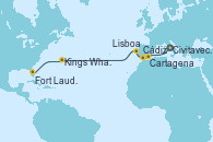 Visitando Civitavecchia (Roma), Cartagena (Murcia), Cádiz (España), Lisboa (Portugal), Kings Wharf (Bermudas), Fort Lauderdale (Florida/EEUU)