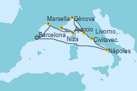 Visitando Barcelona, Marsella (Francia), Ajaccio (Córcega), Niza (Francia), Livorno, Pisa y Florencia (Italia), Génova (Italia), Civitavecchia (Roma), Nápoles (Italia), Barcelona