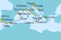 Visitando Trieste (Italia), Koper (Eslovenia), Venecia (Italia), Split (Croacia), Sarande (Albania), Catania (Sicilia), Nápoles (Italia), Civitavecchia (Roma), Livorno, Pisa y Florencia (Italia), Cannes (Francia), Barcelona, Ibiza (España), Motril (Granada/Andalucía), Cádiz (España), Portimao (Portugal), Lisboa (Portugal)