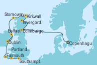 Visitando Copenhague (Dinamarca), Edimburgo (Escocia), Invergordon (Escocia), Kirkwall (Escocia), Stornoway (Isla de Lewis/Escocia), Dublin (Irlanda), Belfast (Irlanda), Falmouth (Gran Bretaña), Portland, Dorset (Reino Unido), Southampton (Inglaterra)