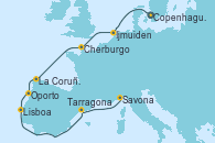 Visitando Copenhague (Dinamarca), Ijmuiden (Ámsterdam), Cherburgo (Francia), La Coruña (Galicia/España), Oporto (Portugal), Lisboa (Portugal), Tarragona (España), Savona (Italia)