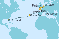 Visitando Fort Lauderdale (Florida/EEUU), Ponta Delgada (Azores), Brest (Francia), Portland, Dorset (Reino Unido), Le Havre (Francia), Dover (Inglaterra), Rotterdam (Holanda)